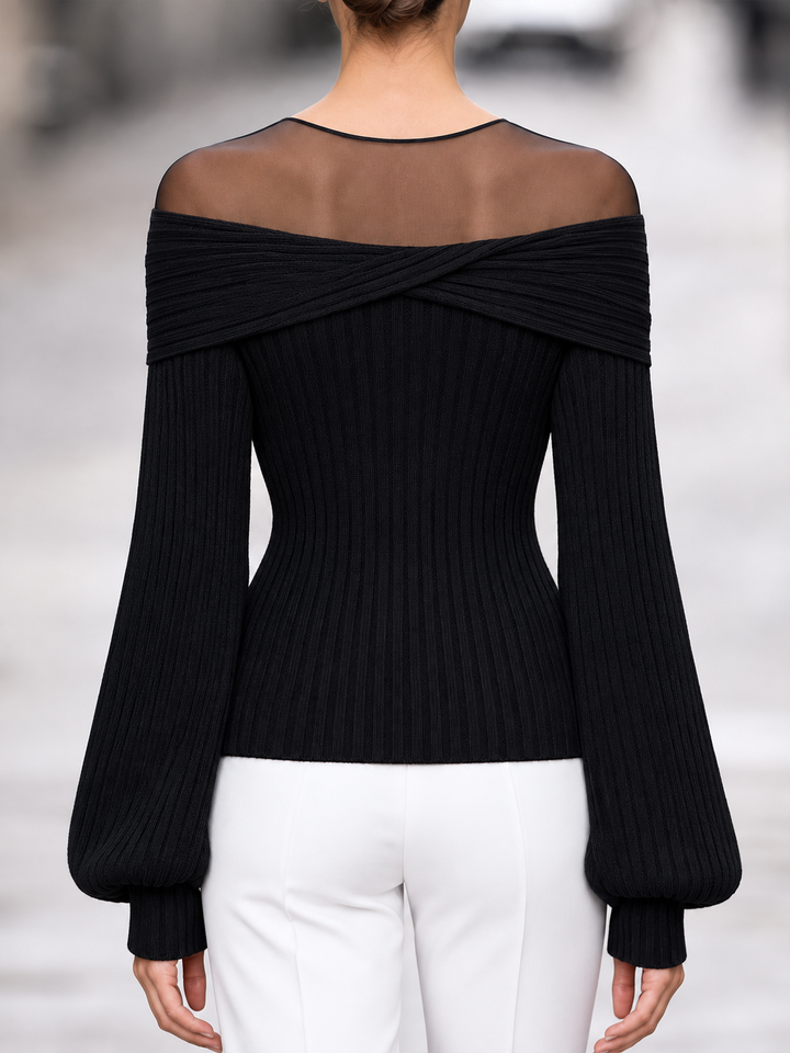 Sheer Mesh Yoke Off-Shoulder Ribbed Knit Sweater