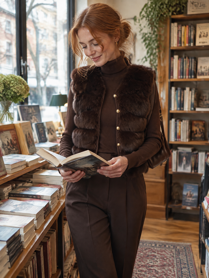 Turtleneck Knit Sweater And Faux Fur Vest Two-Piece Set