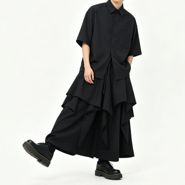 Japanese High-waist Asymmetrical Ruffle Wide-leg Skirt-pants