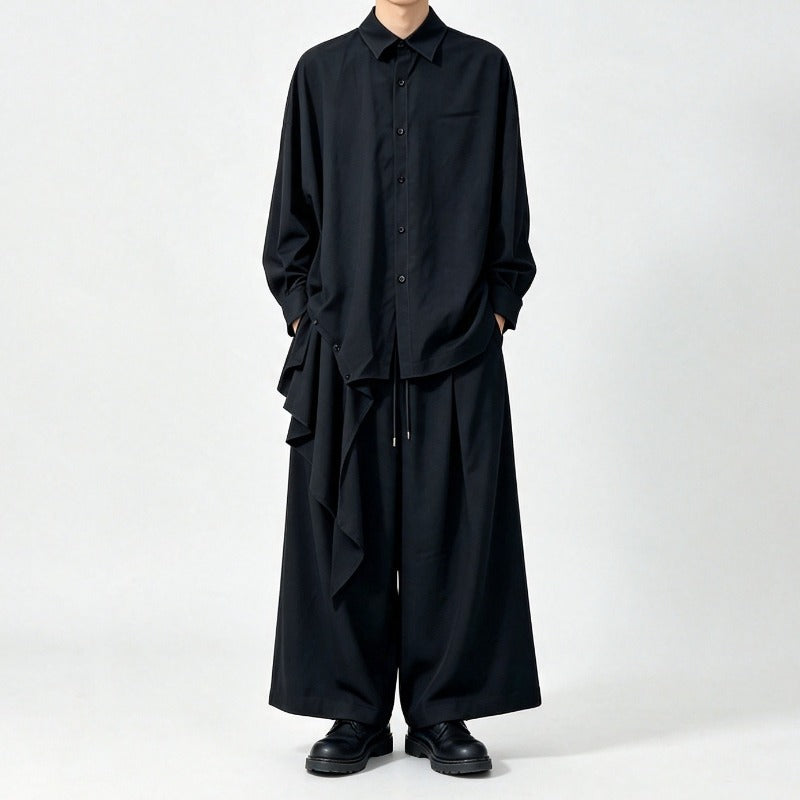 Japanese Draped Asymmetric Hem Long Sleeve Shirt Wide-leg Pants Two-piece Set