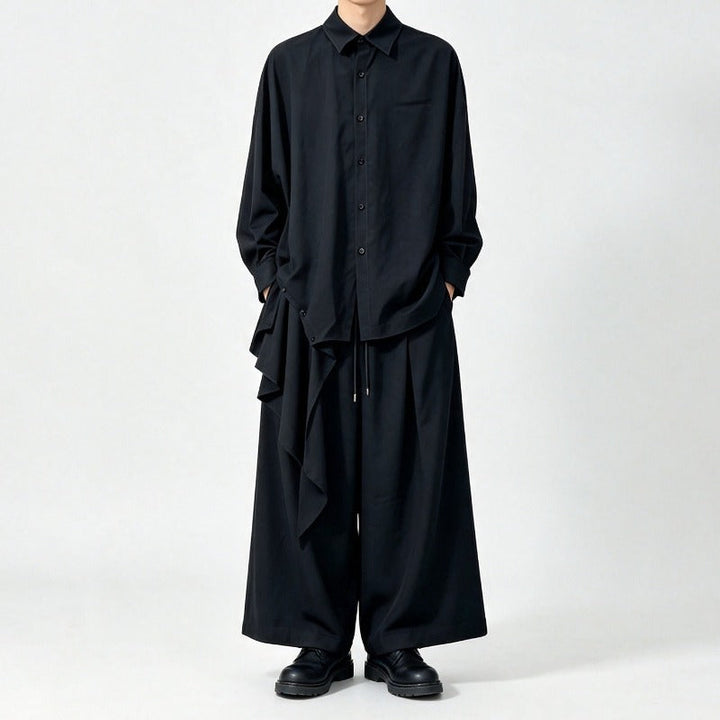 Japanese Draped Asymmetric Hem Long Sleeve Shirt Wide-leg Pants Two-piece Set