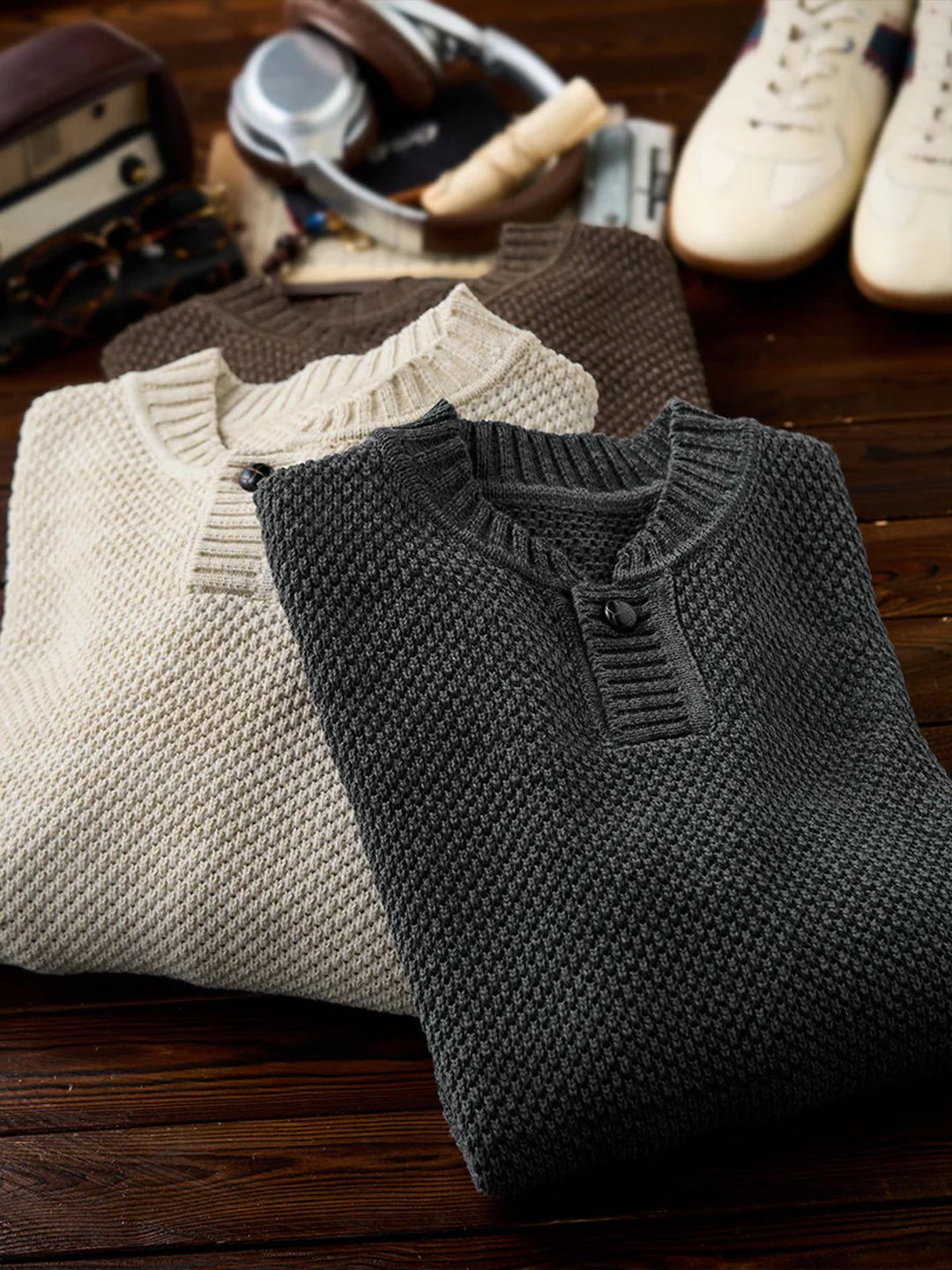 Heavyweight Pineapple Pile Henley Neck Knit Sweater
