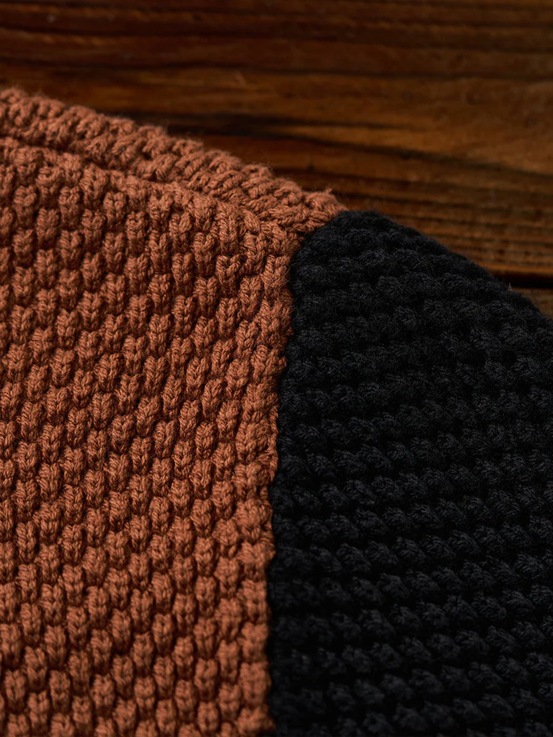 Colorblock Turtleneck Pineapple Knit Sweater with Leather Tag