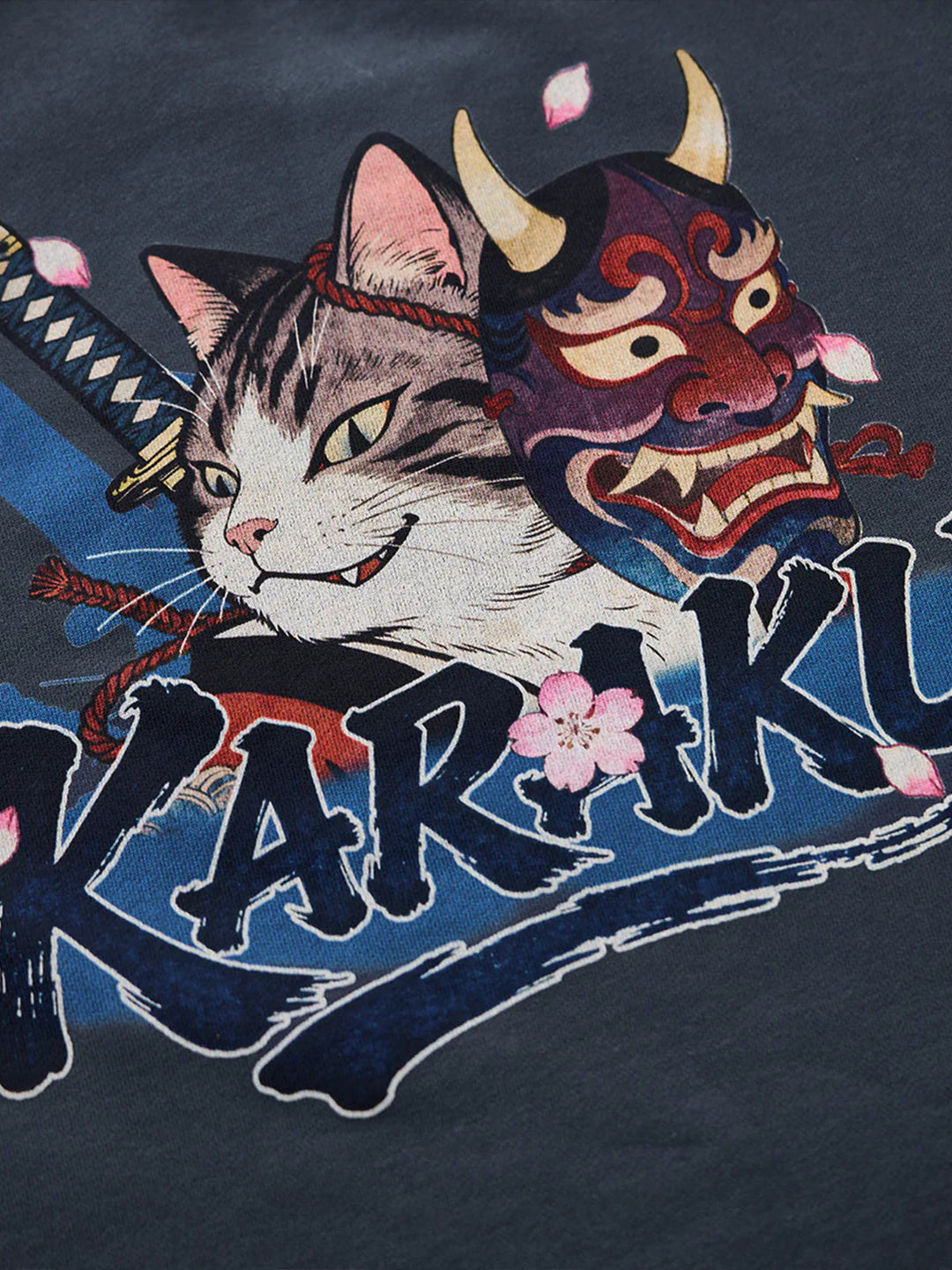 “KaraKu” Embroidery &amp; “Hannya Mask / Samurai Cat” Print Loopback V-Gusset Sweatshirt