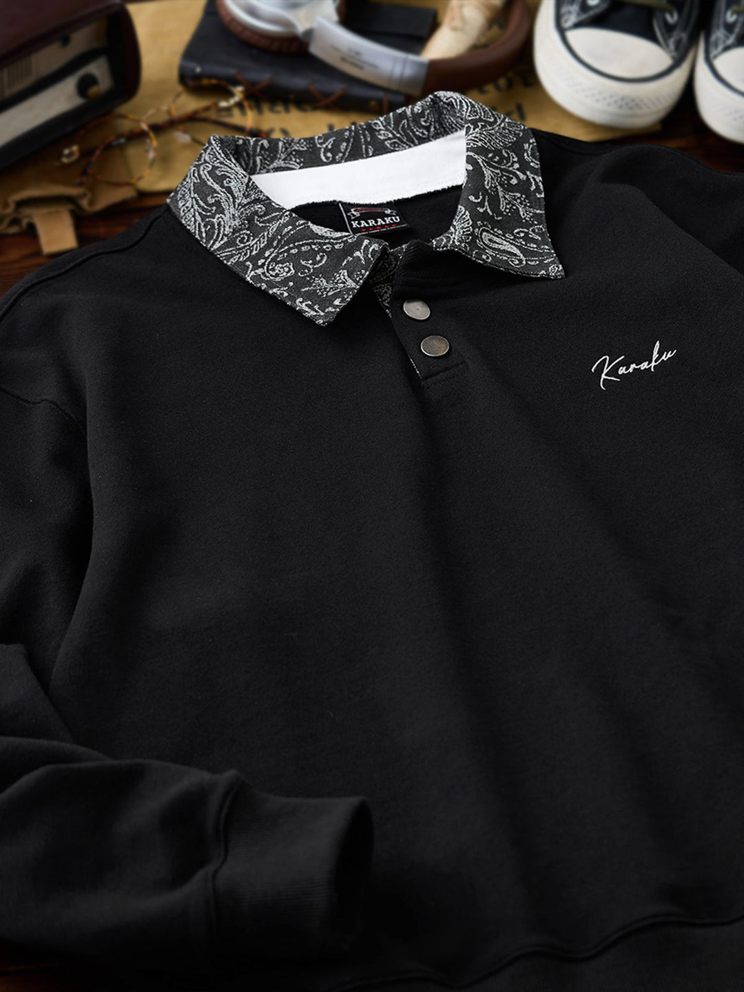 Karaku Embroidered Polo Sweatshirt with Jacquard Paisley Collar &amp; Placket
