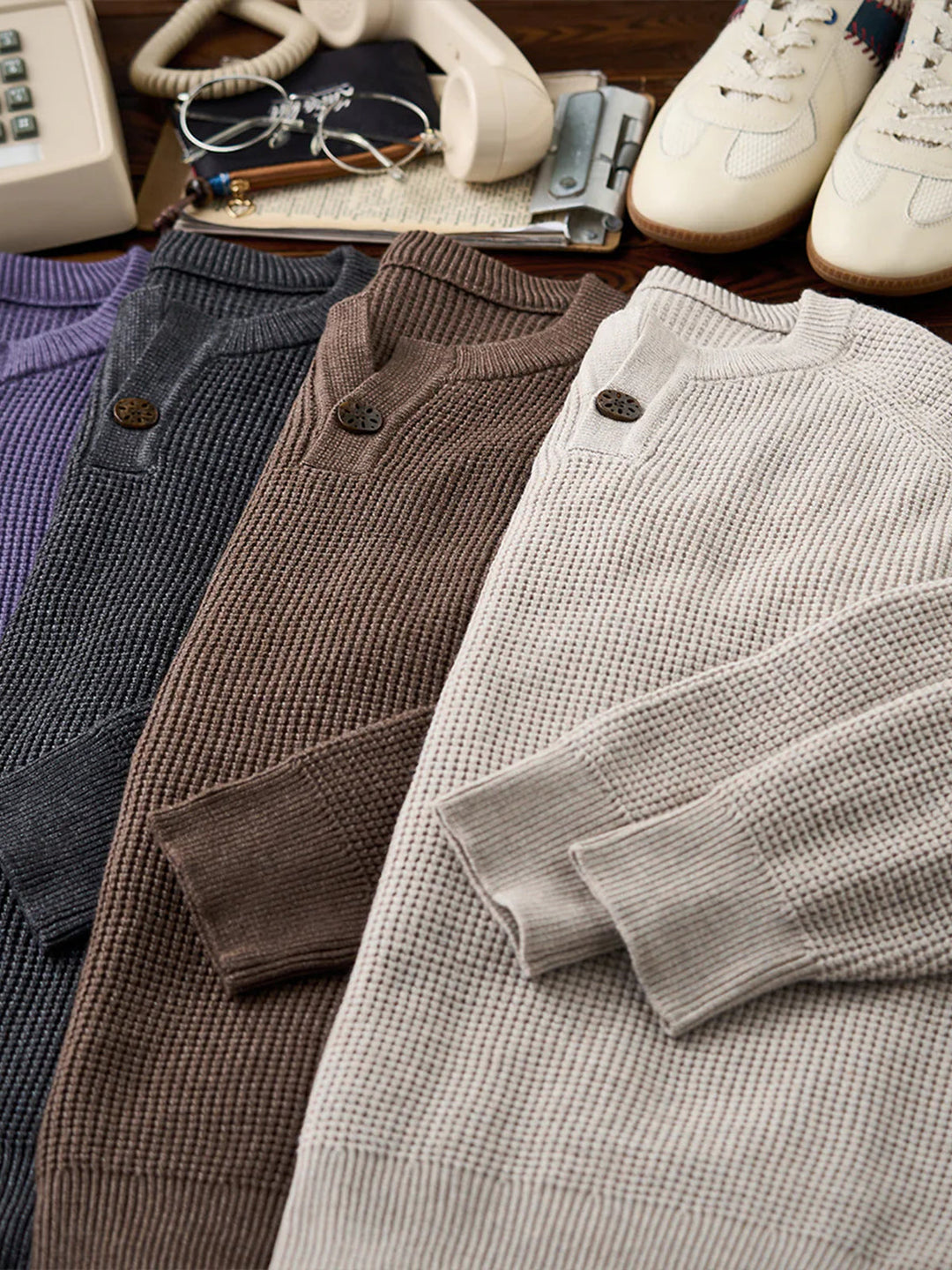 Heavyweight Mini-Waffle Henley Knit Sweater