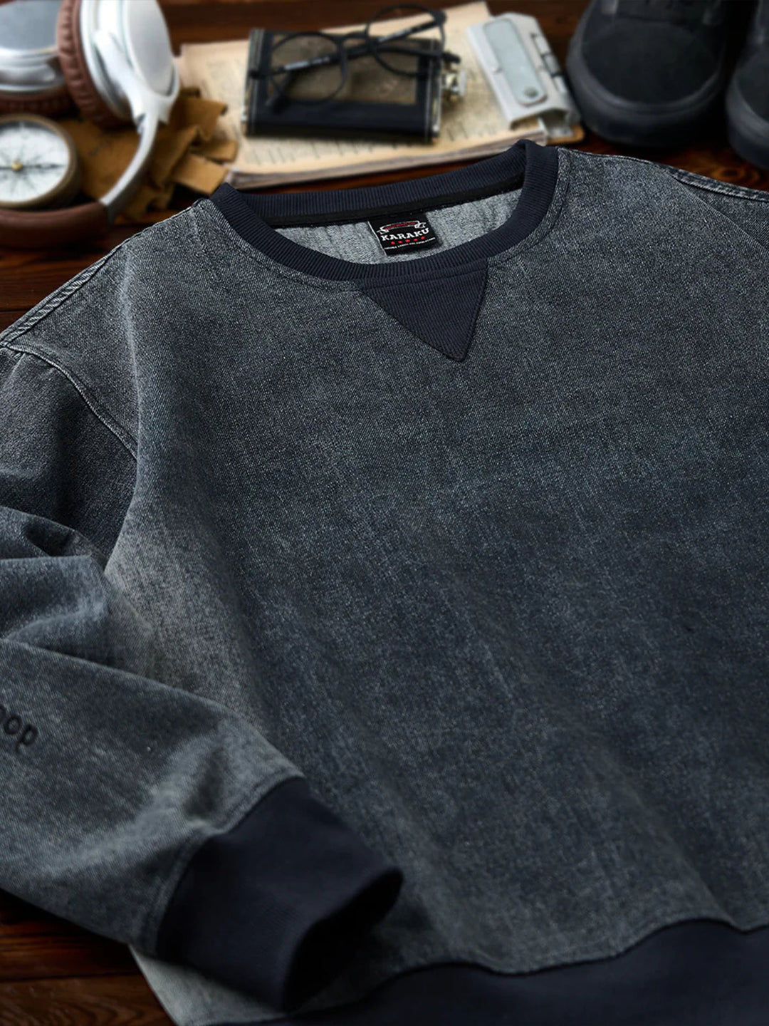 “Alley-oop” Sleeve Embroidery V-Gusset Stone-Washed Denim Sweatshirt