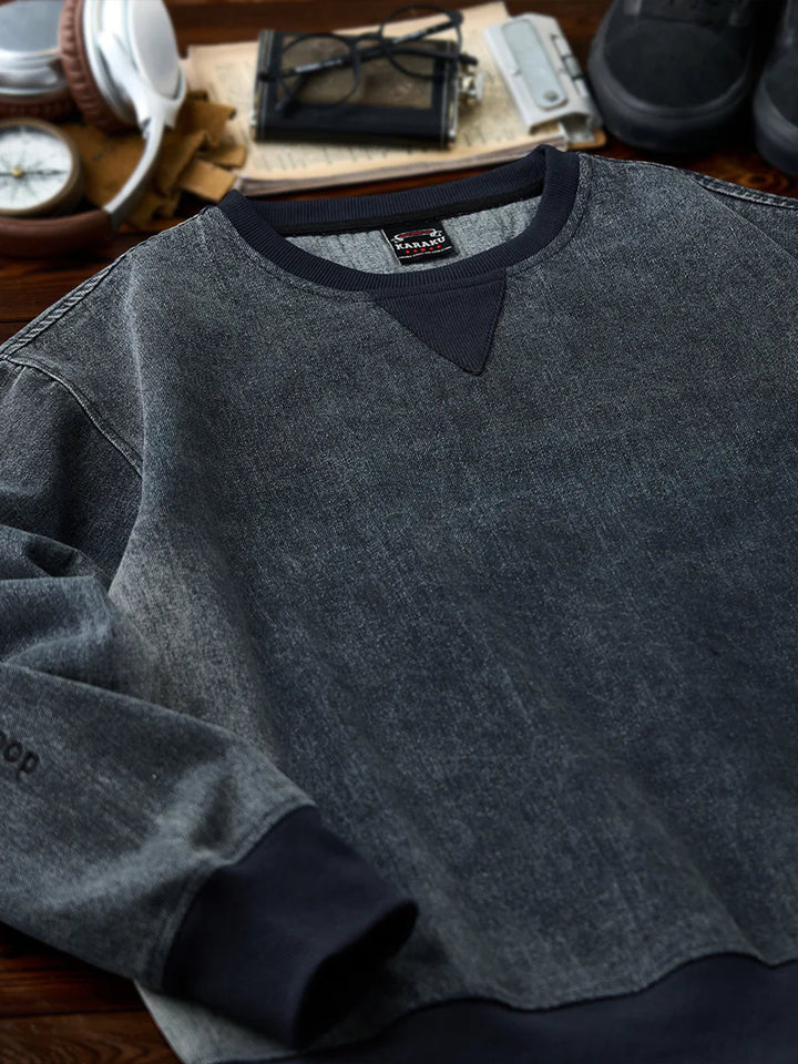 “Alley-oop” Sleeve Embroidery V-Gusset Stone-Washed Denim Sweatshirt