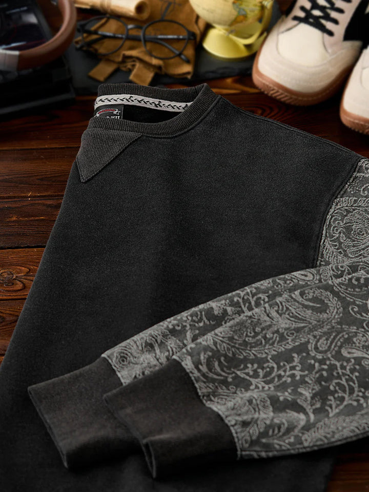 Washed Sweatshirt with Paisley Denim Sleeves &amp; V-Gusset Detail