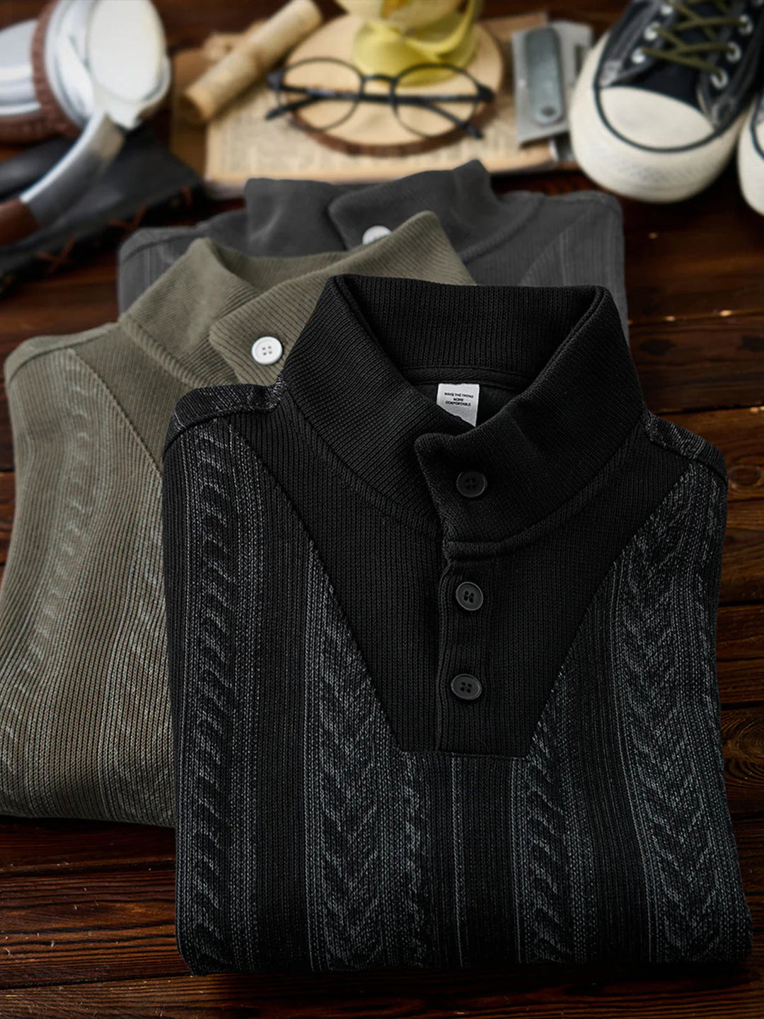 3-Button High-Neck Jacquard Knit Sweatshirt