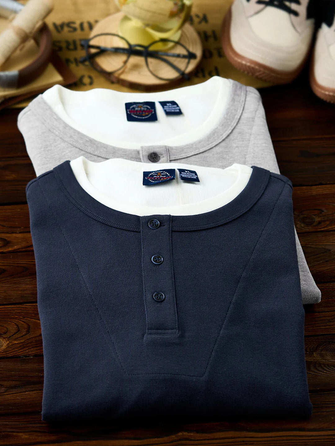 Mini Waffle Henley Long Sleeve Sweatshirt with Faux Layered Design
