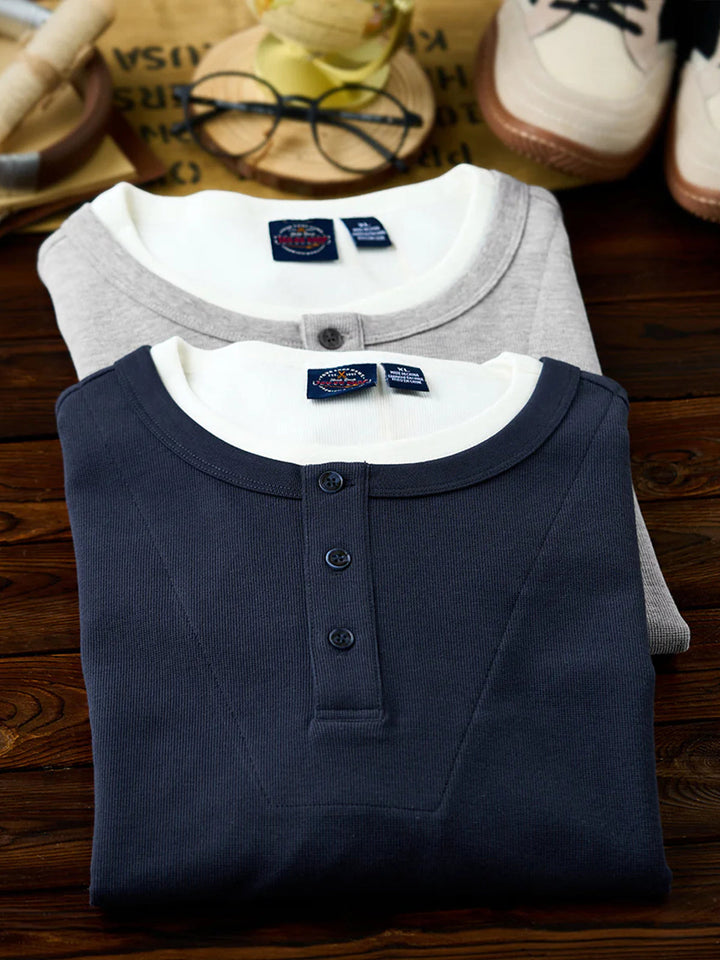Mini Waffle Henley Long Sleeve Sweatshirt with Faux Layered Design