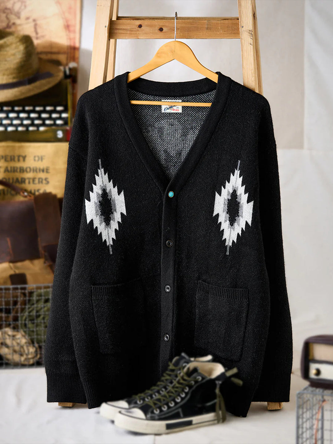 Jacquard Knit V-Neck Cardigan with Navajo &amp; Thunderbird Motifs