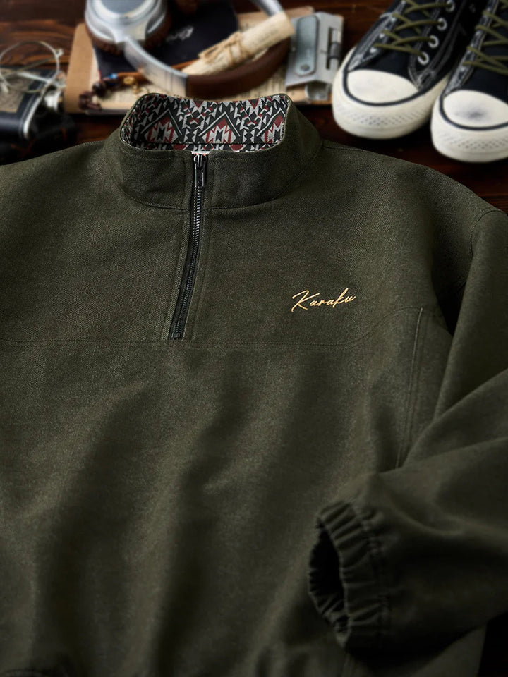 “KaraKu” Logo Embroidered Half-Zip Denim Sweatshirt with Navajo-Style Lining &amp; Elbow Patches
