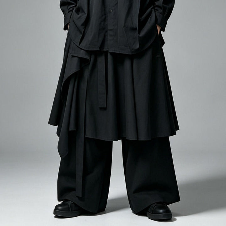Japanese Minimalist High-waist Asymmetrical Layered Loose Wide-leg Skirt-pants