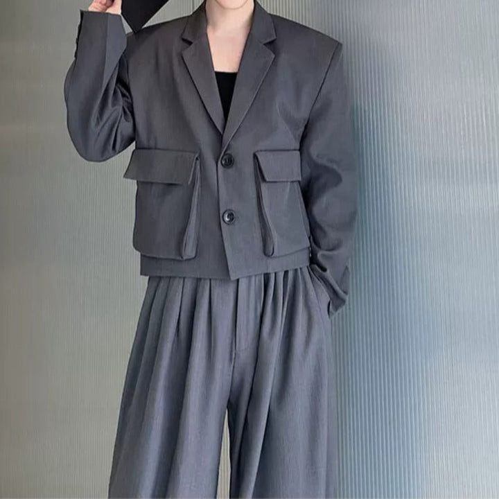 Cropped Flap Pocket Blazer Draped Pleated Cuffed Wide-leg Trousers Two-piece Set