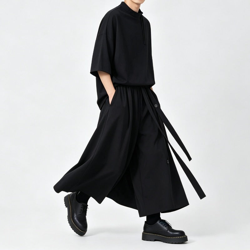 Japanese Loose Half Sleeve T-shirt High-waist Patchwork Wide-leg Skirt-pants Two-piece Set