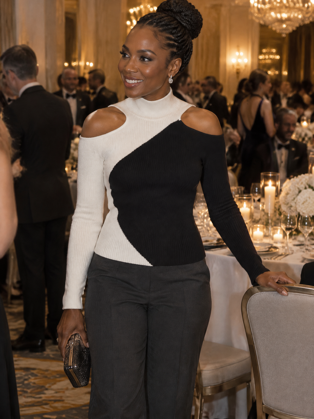 Turtleneck Cold-Shoulder Ribbed Knit Top With Diagonal Colorblock