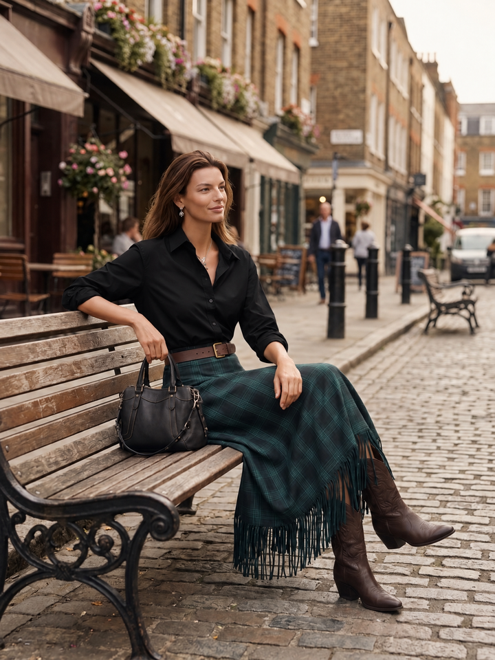 Women’s Long-Sleeve Shirt And Plaid Fringed Skirt Two-Piece Set