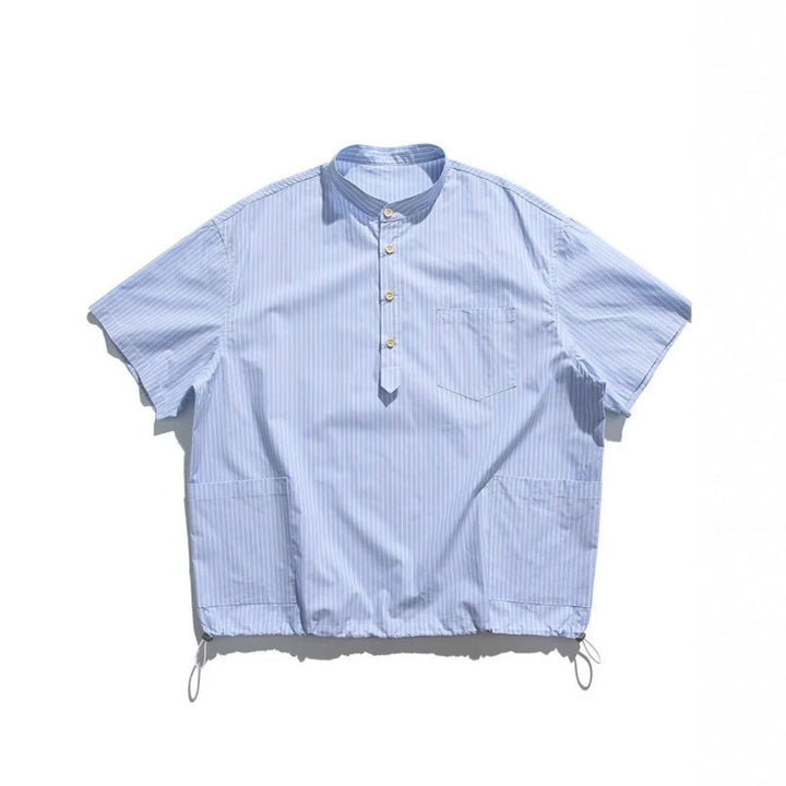 Blue White Striped Band Collar Casual Popover Shirt