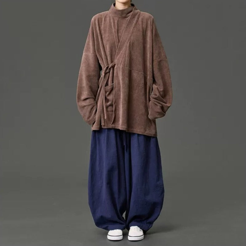 Corduroy Curved Collar Diagonal Placket Loose Hanfu Cardigan