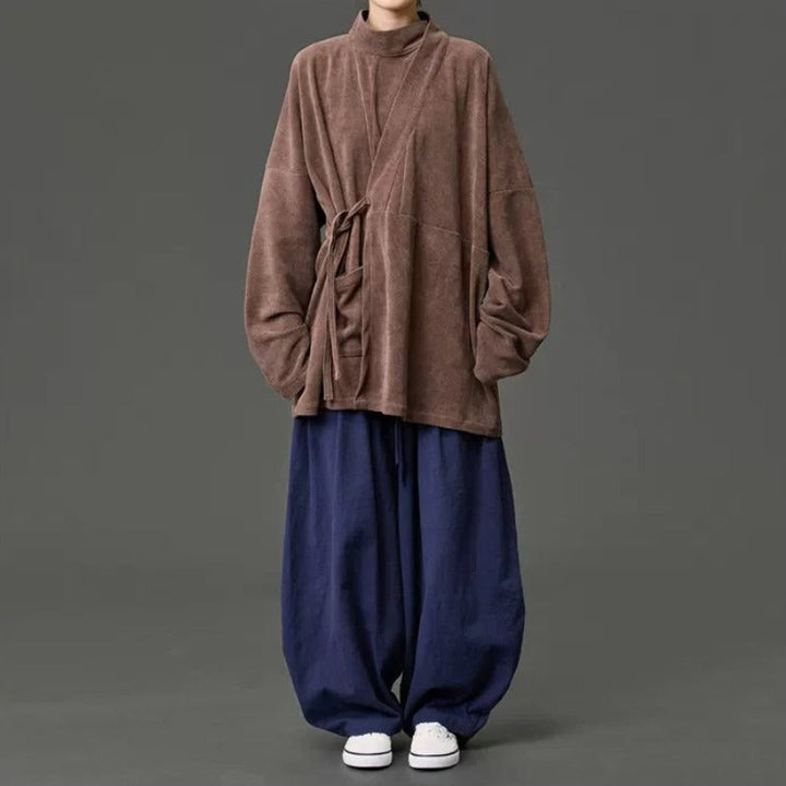 Corduroy Curved Collar Diagonal Placket Loose Hanfu Cardigan