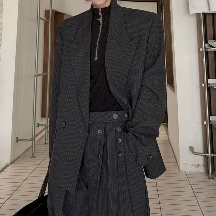 Pinstripe Ribbon Tape Accent Oversized Blazer Wide-leg Trousers Two-piece Set