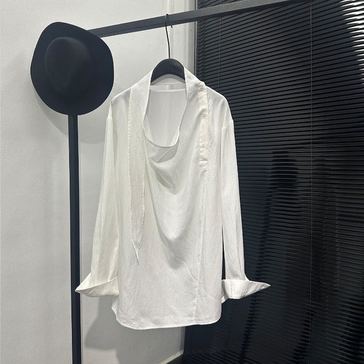 Asymmetric Neckline Tie-Detail Long-Sleeve Shirt
