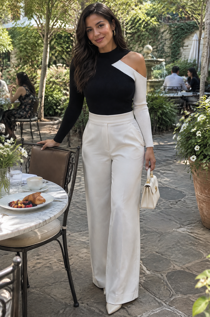 Mock Neck Knit Top With Asymmetric Cut-Out And Contrast Off-Shoulder Sleeve