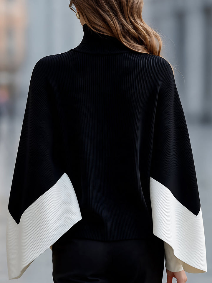 Turtleneck Batwing Cape Sweater Color Block Poncho Top