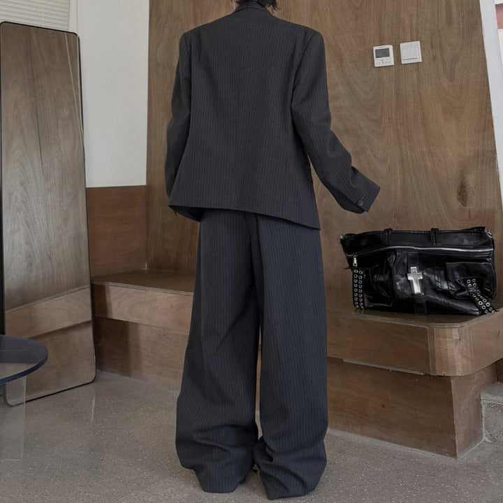 Pinstripe Ribbon Tape Accent Oversized Blazer Wide-leg Trousers Two-piece Set
