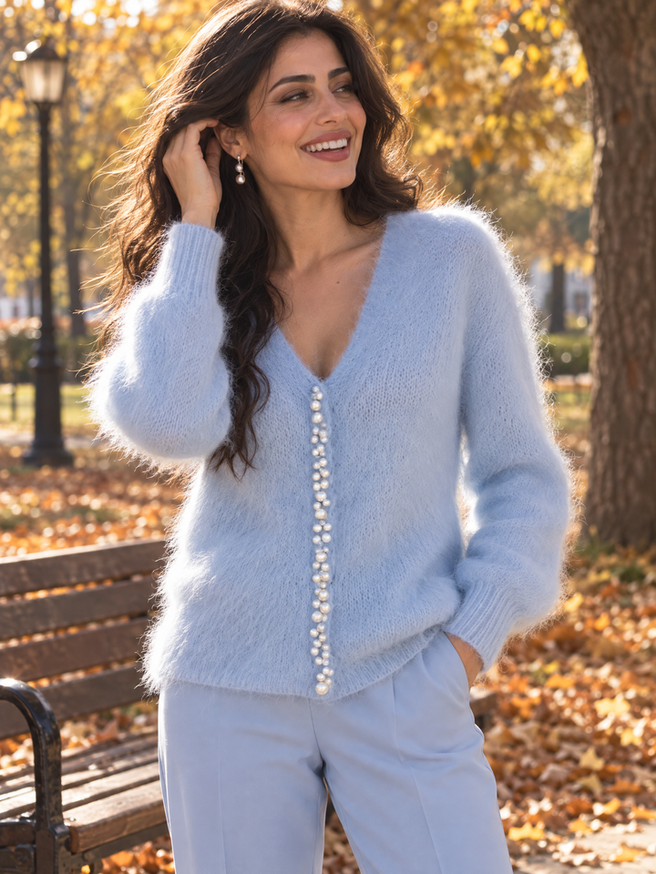 Pearl-Embellished Fuzzy Knit V-Neck Cardigan