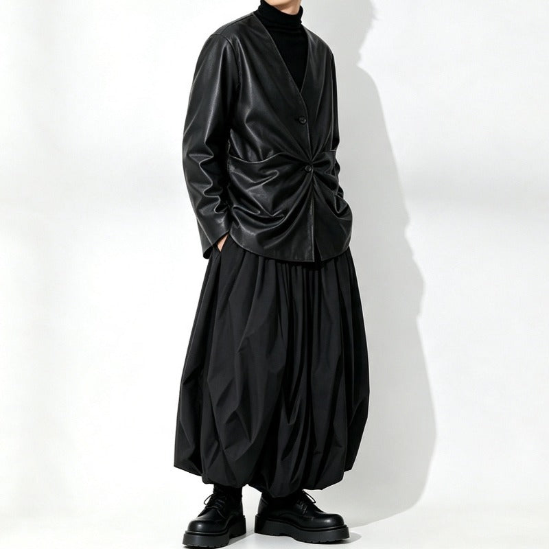 Japanese Loose Pleated V Neck PU Leather Jacket