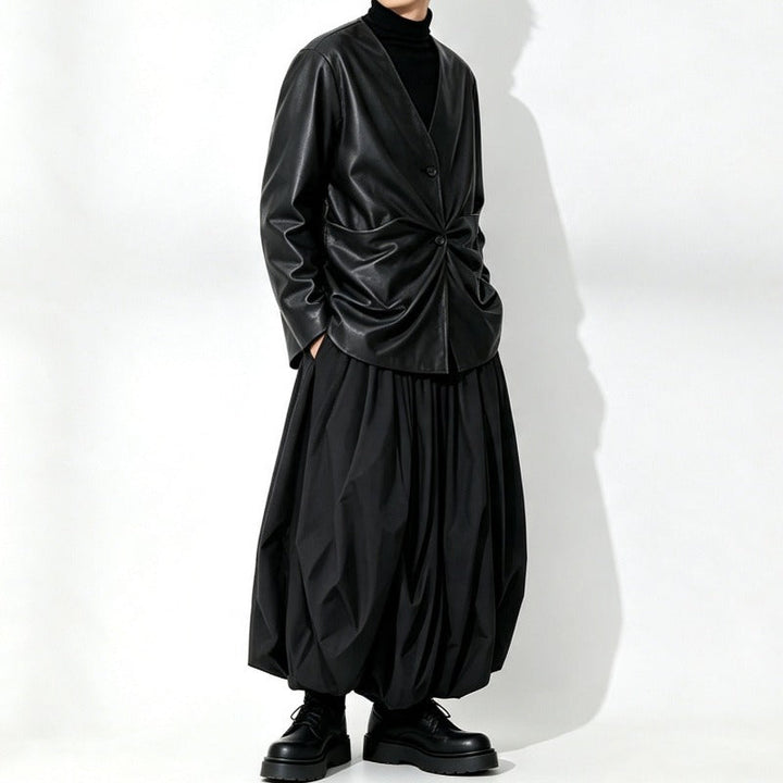 Japanese Loose Pleated V Neck PU Leather Jacket