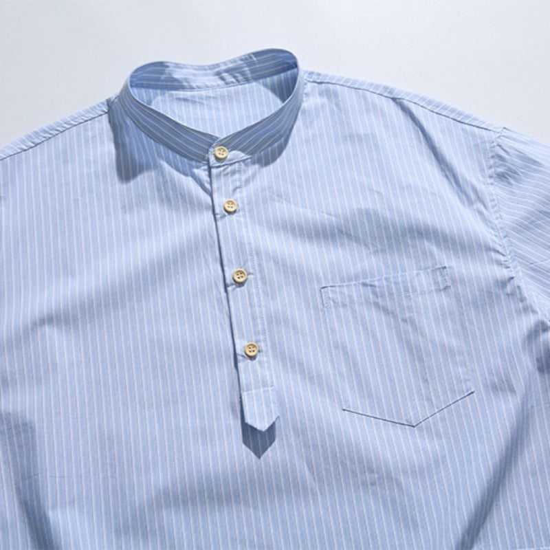 Blue White Striped Band Collar Casual Popover Shirt