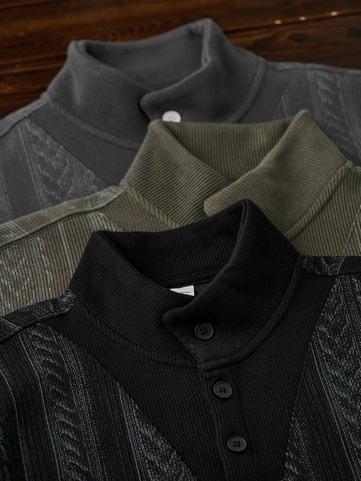 3-Button High-Neck Jacquard Knit Sweatshirt