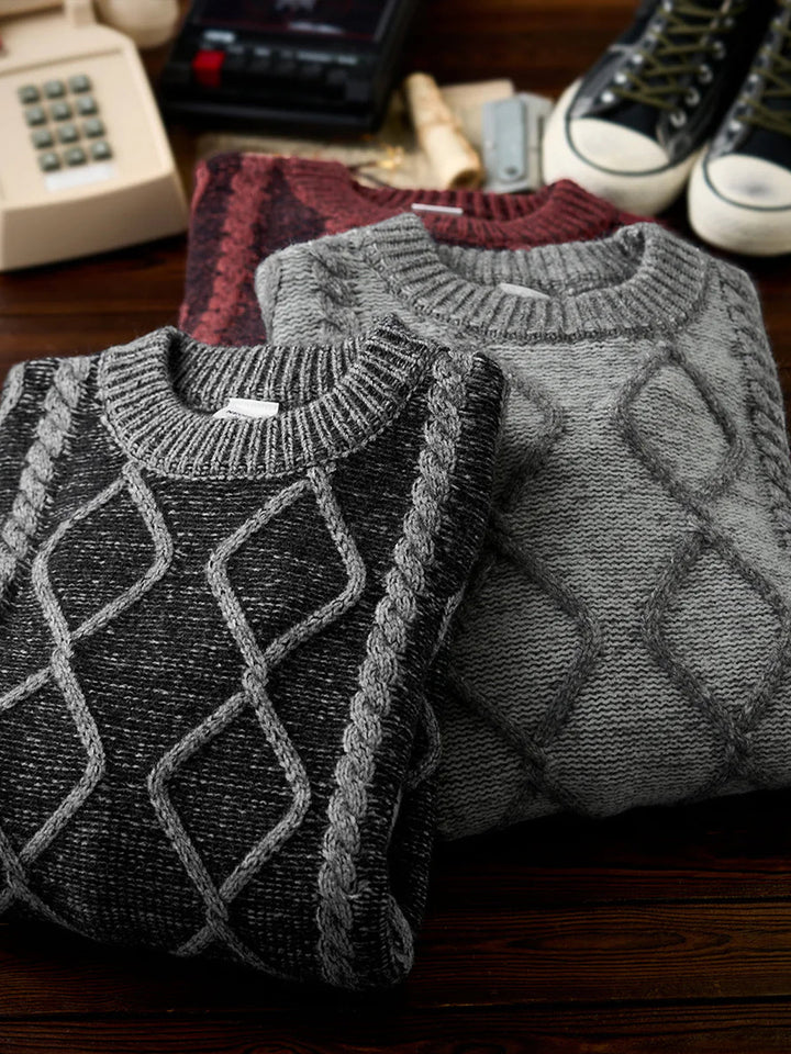 Crew Neck Sweater with Diamond Cable Knit Pattern