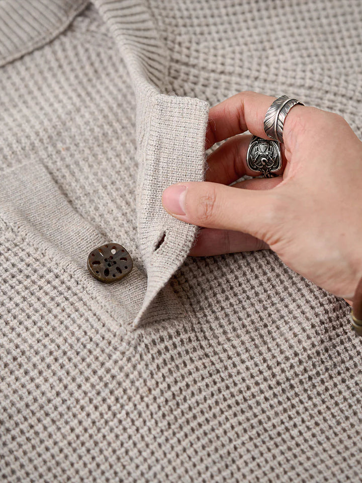 Heavyweight Mini-Waffle Henley Knit Sweater
