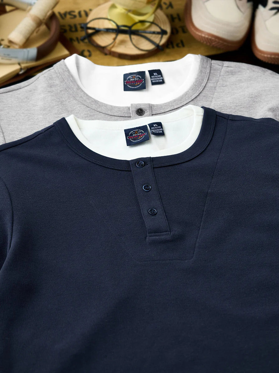 Mini Waffle Henley Long Sleeve Sweatshirt with Faux Layered Design