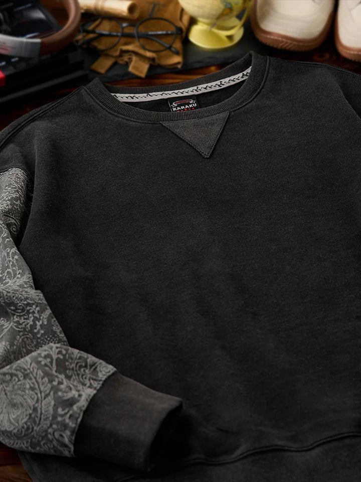 Washed Sweatshirt with Paisley Denim Sleeves &amp; V-Gusset Detail