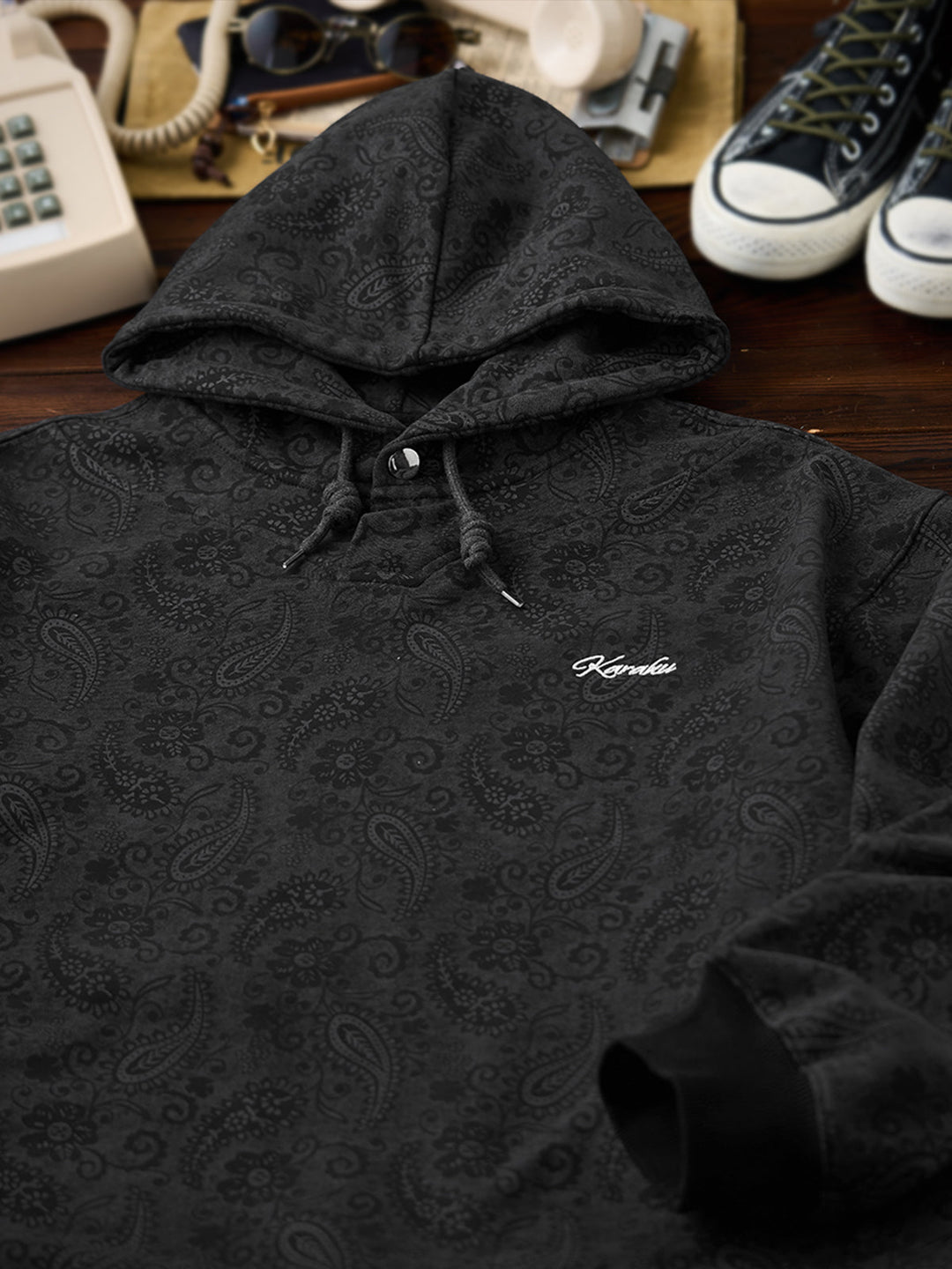 “KaraKu” Embroidered Logo Paisley-Print Cotton Hoodie