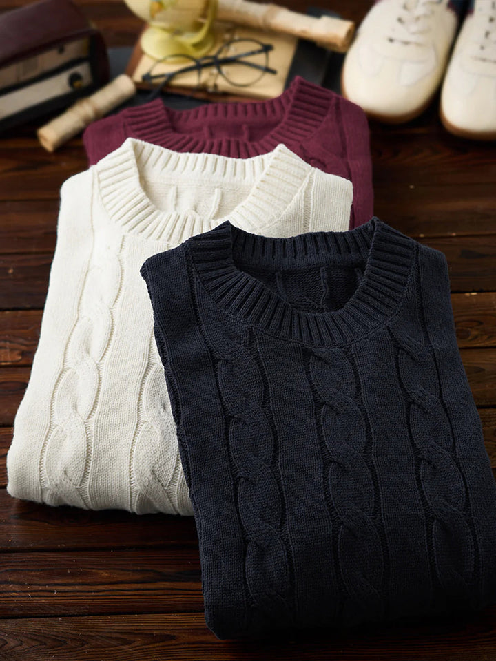 Wool-Blend Cable Knit Crewneck Sweater