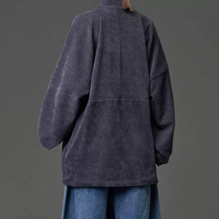 Corduroy Curved Collar Diagonal Placket Loose Hanfu Cardigan