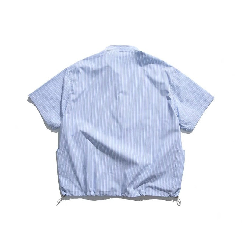 Blue White Striped Band Collar Casual Popover Shirt