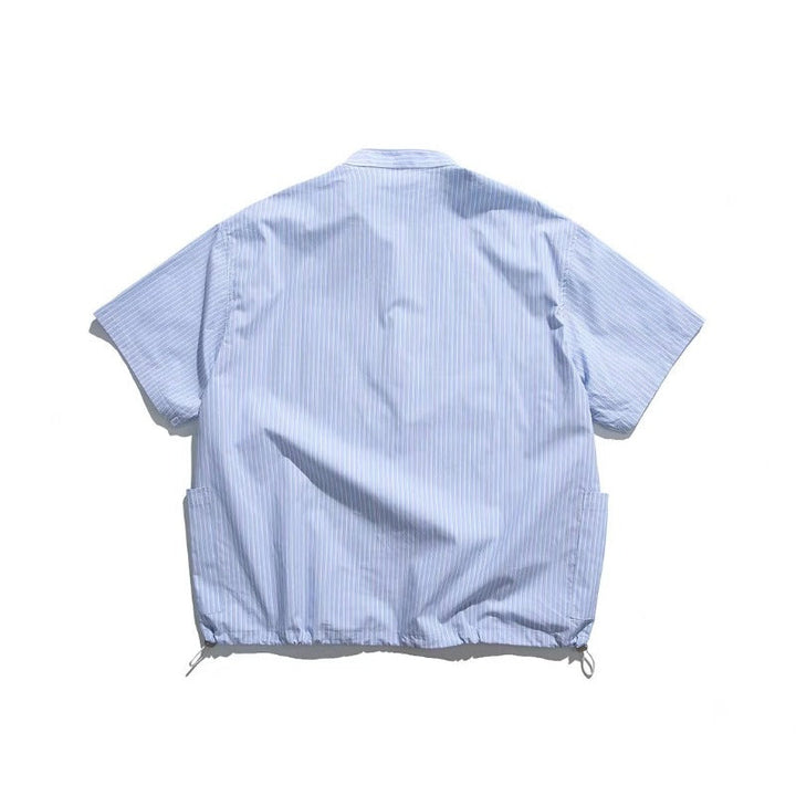Blue White Striped Band Collar Casual Popover Shirt