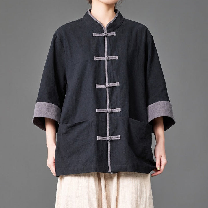 Cotton Linen Three Quarter Sleeve Frog Button Taichi Shirt
