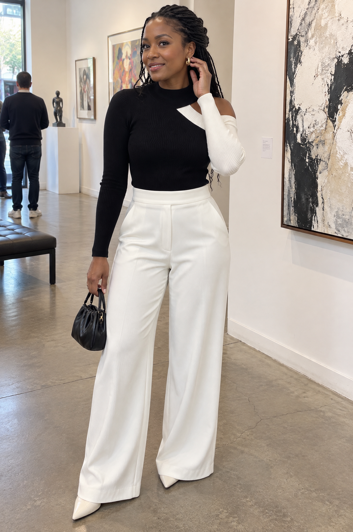 Mock Neck Knit Top With Asymmetric Cut-Out And Contrast Off-Shoulder Sleeve