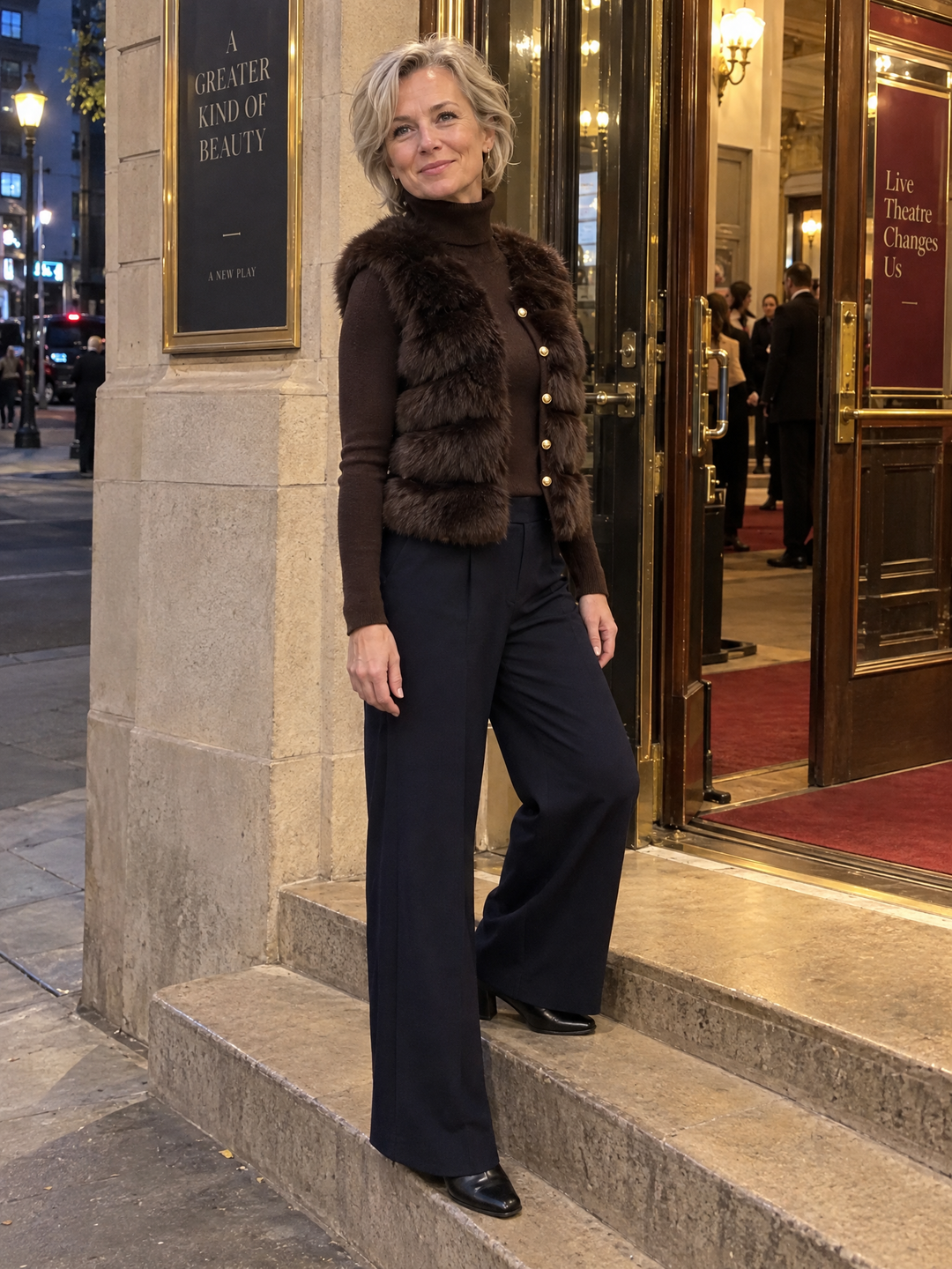 Turtleneck Knit Sweater And Faux Fur Vest Two-Piece Set
