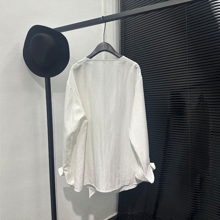 Asymmetric Neckline Tie-Detail Long-Sleeve Shirt