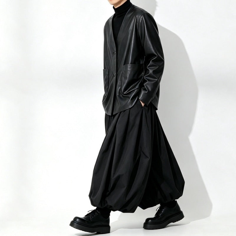 Japanese Loose Pleated V Neck PU Leather Jacket